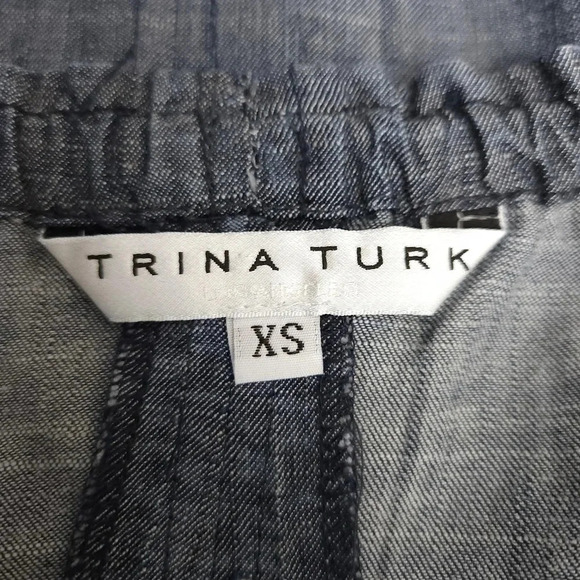 Trina Turk Shift Dress Linen Blue Chambray Off Shoulder Short Sleeve Fringe - Picture 7 of 9